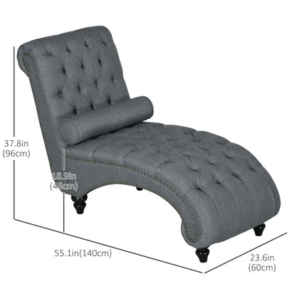 Button Tufted Chaise Lounge Chair, Upholstered with Bolster Pillow, Wood Legs, Nailhead Trim, Grey Single Sofas at Gallery Canada