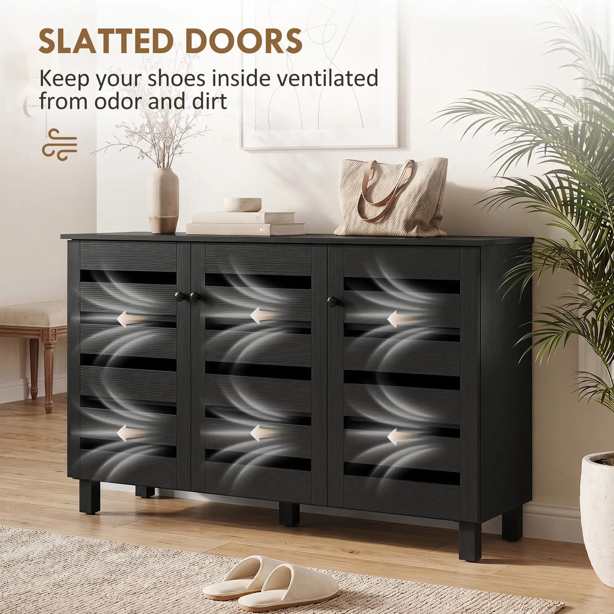 Shoe Cabinet, 3 Slatted Doors, 3-Tier, Adjustable Shelves, 15 Pairs, Black Shoe Storage Cabinets & Racks at Gallery Canada