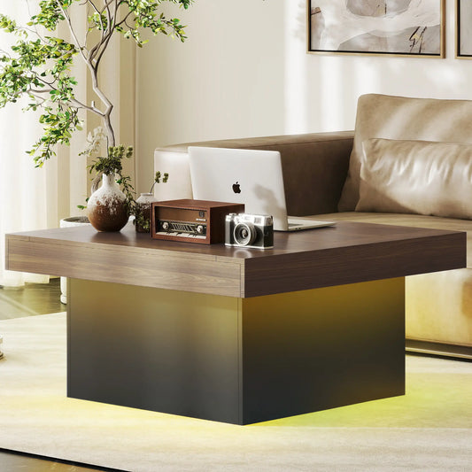 Square Coffee Table with LED Lights, 35-inch, Walnut