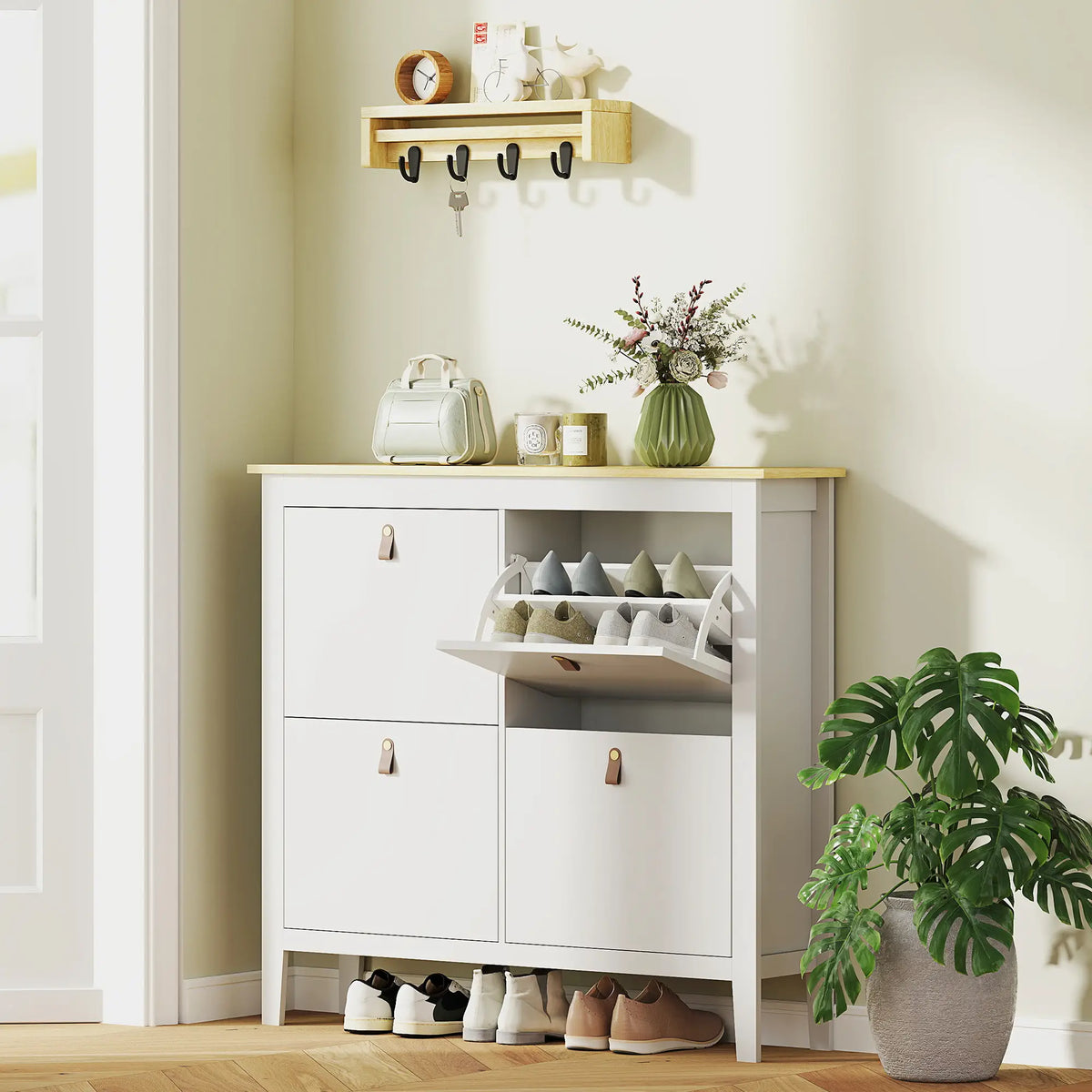Narrow Shoe Cabinet, 4 Flip Drawers, Adjustable Shelves, White Shoe Storage Cabinets & Racks at Gallery Canada