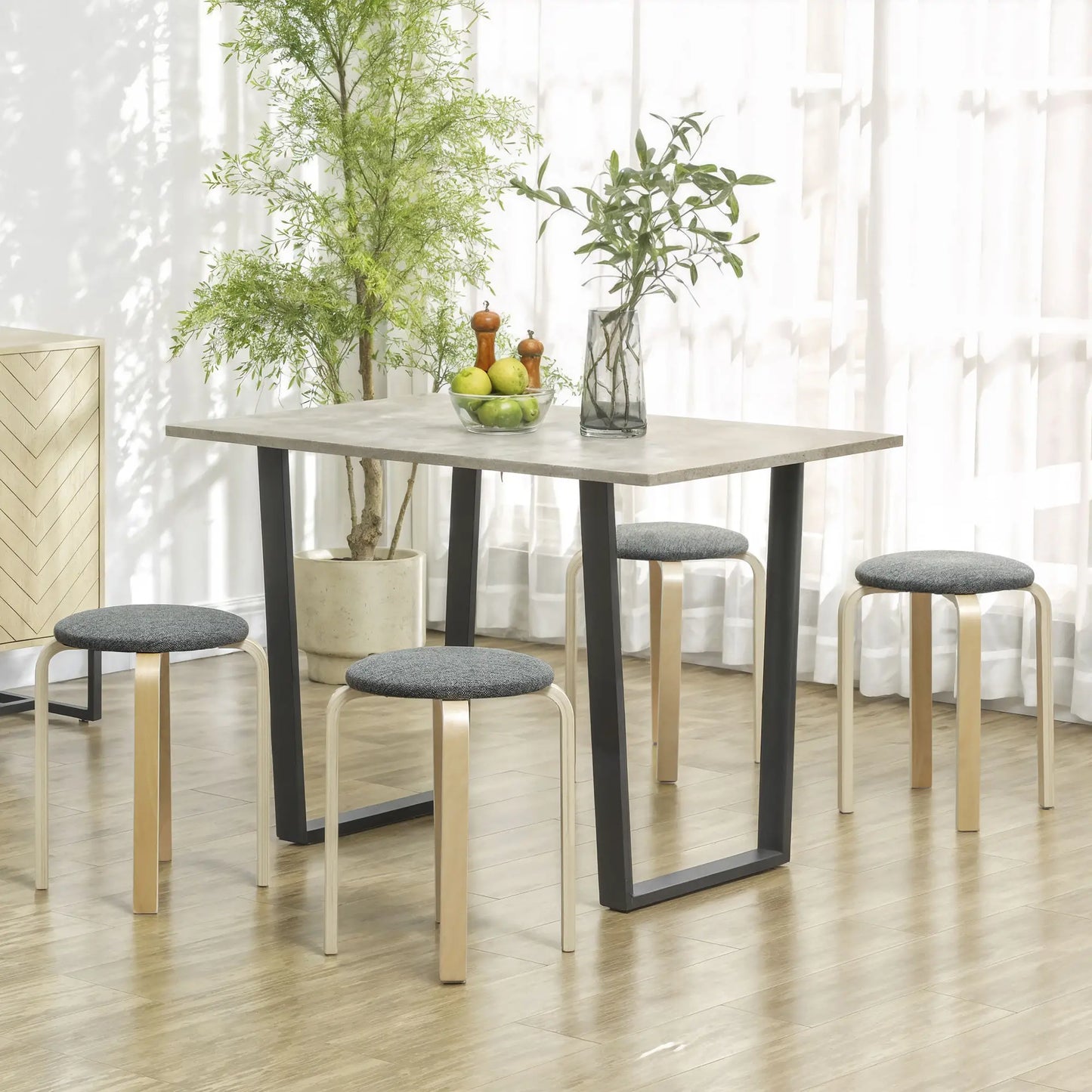 Stackable Wood Stools Set of 4, Padded Seat, Grey Dining Chairs at Gallery Canada