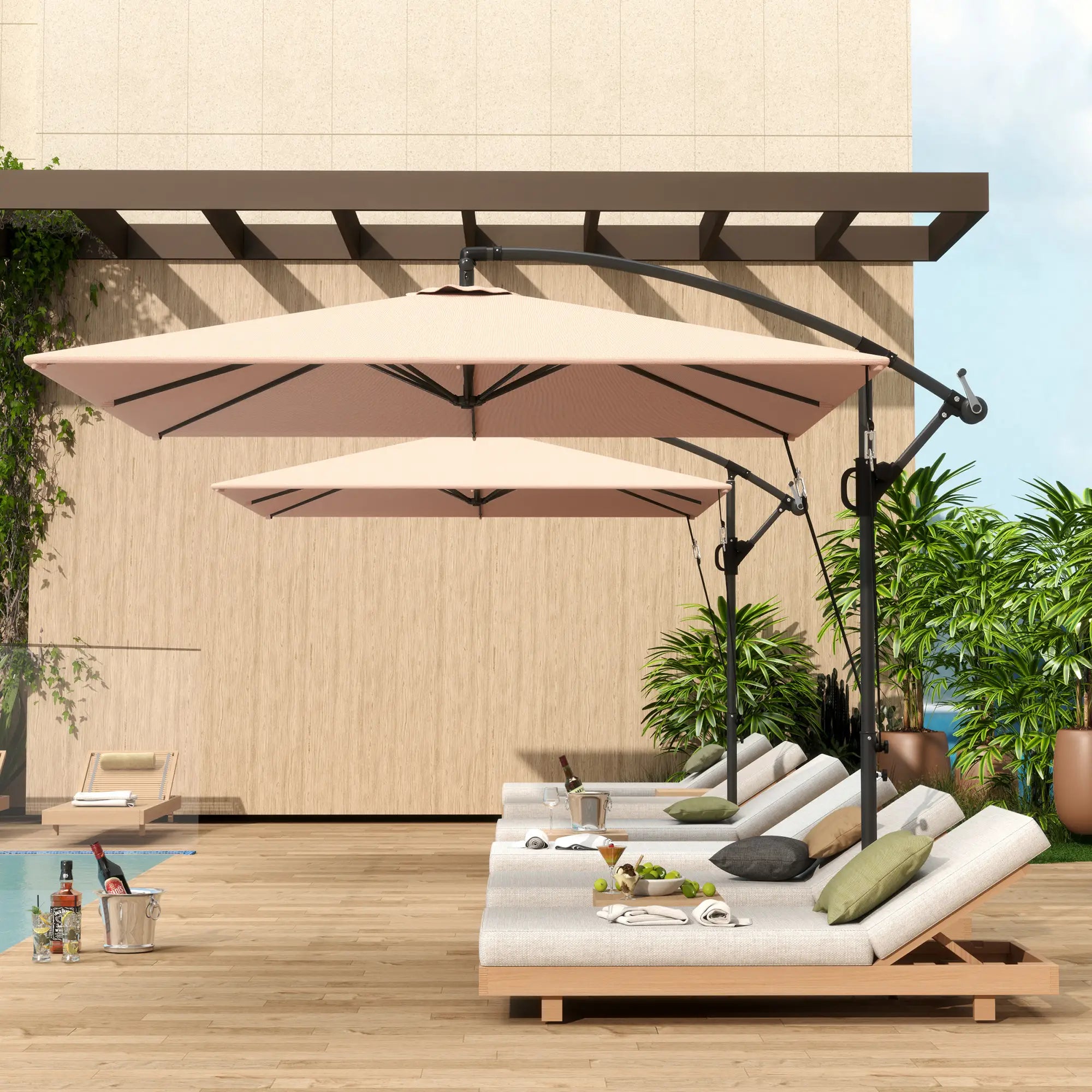 Patio Offset Umbrella, UPF 50+ UV Protection, Crank Parasol With Base, Khaki Offset Cantilever Umbrellas at Gallery Canada
