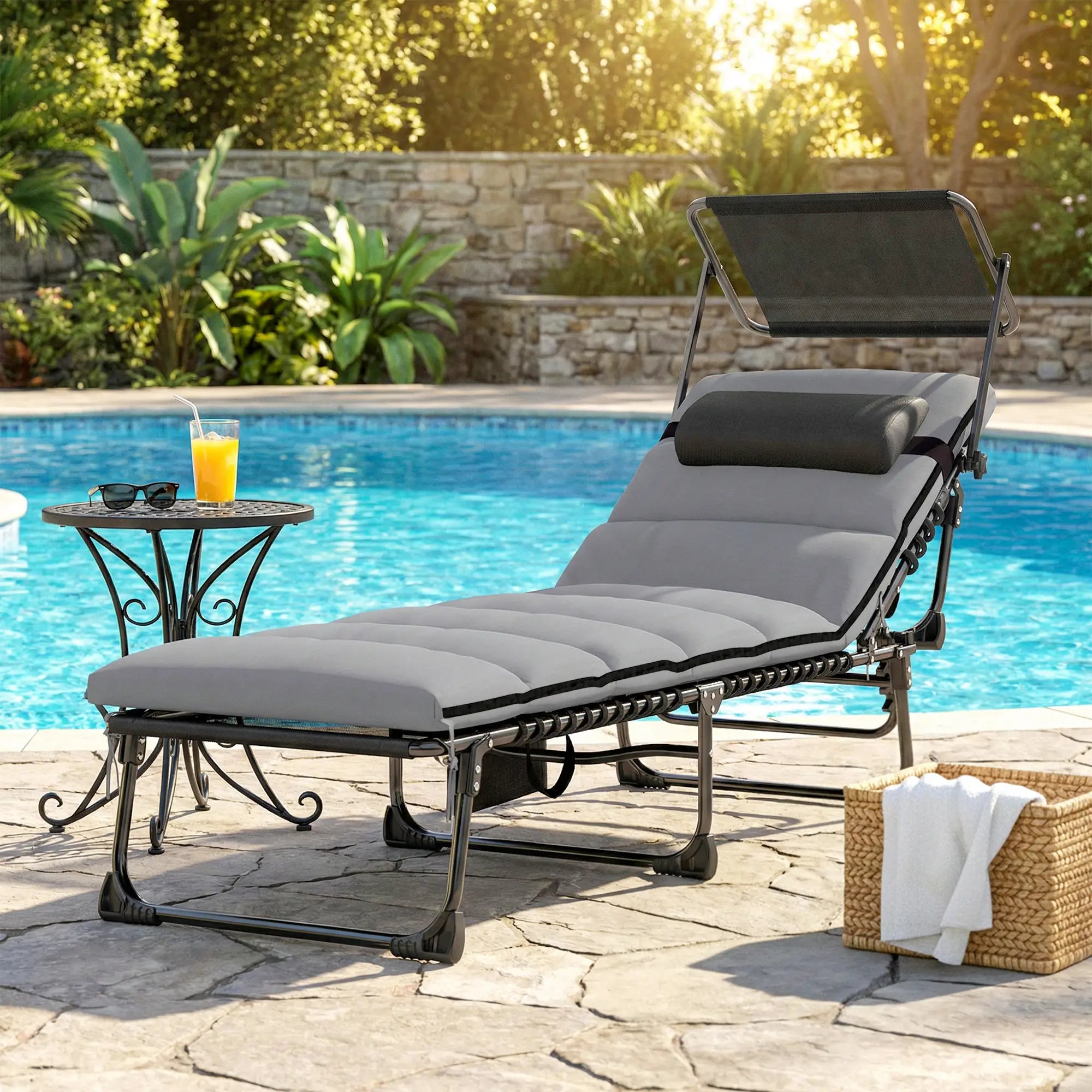 Outdoor Folding Chaise Lounge, 5-Level Adjustable Back, Cushion Lounger Chairs at Gallery Canada