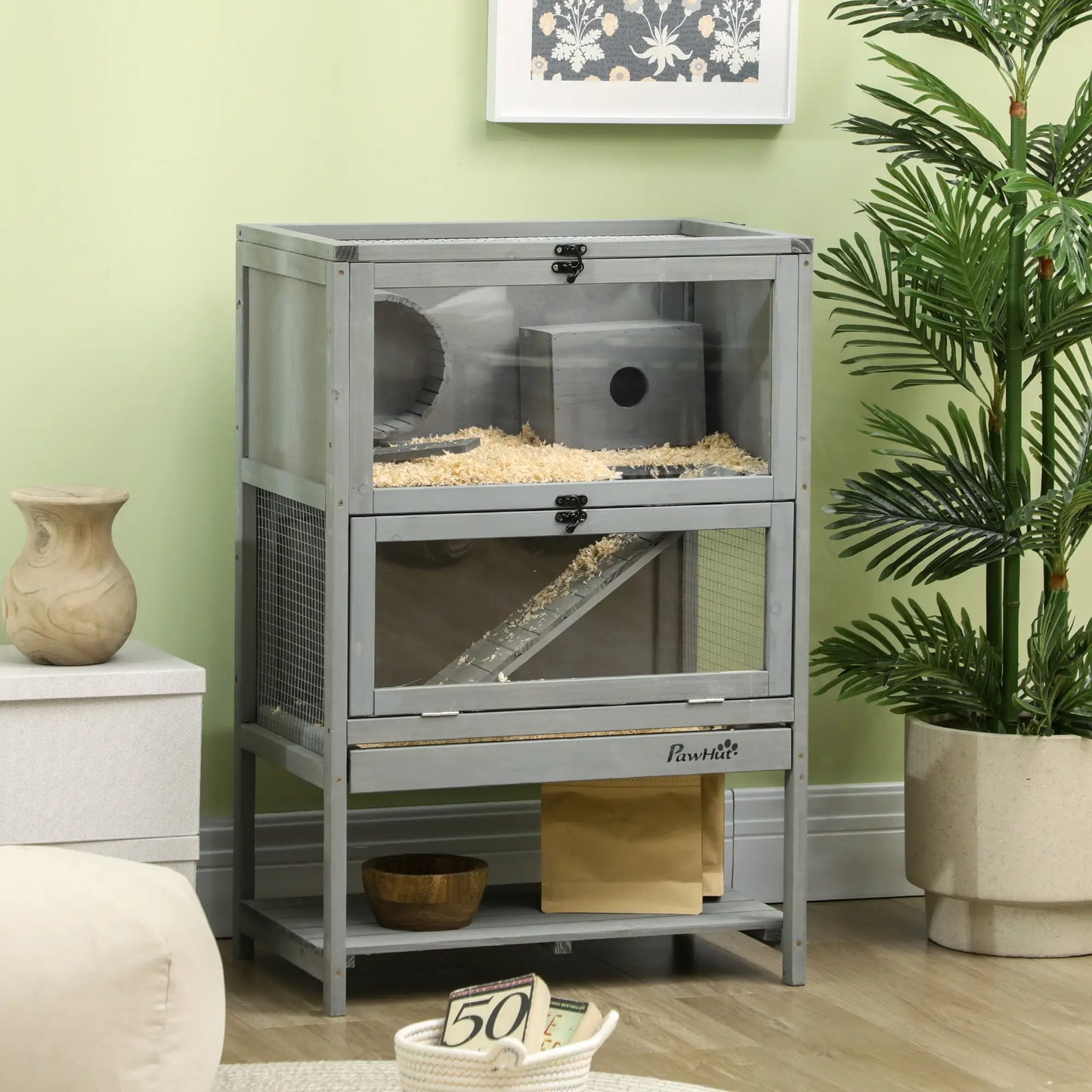 Wooden Hamster Cage, Mice Hutch with Storage, Sliding Tray, Running Wheel Hamster Cages at Gallery Canada