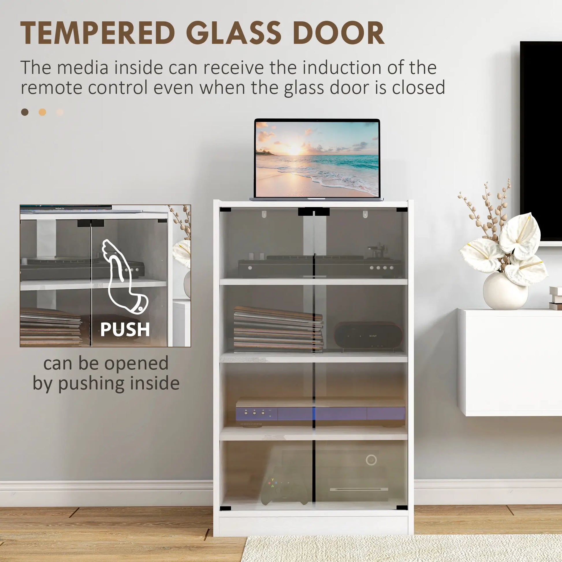 5-Tier Media Cabinet, Adjustable Shelves, Tempered Glass Doors, Distressed, White Storage Cabinets at Gallery Canada