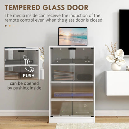 5-Tier Media Cabinet, Adjustable Shelves, Tempered Glass Doors, Distressed, White Storage Cabinets at Gallery Canada