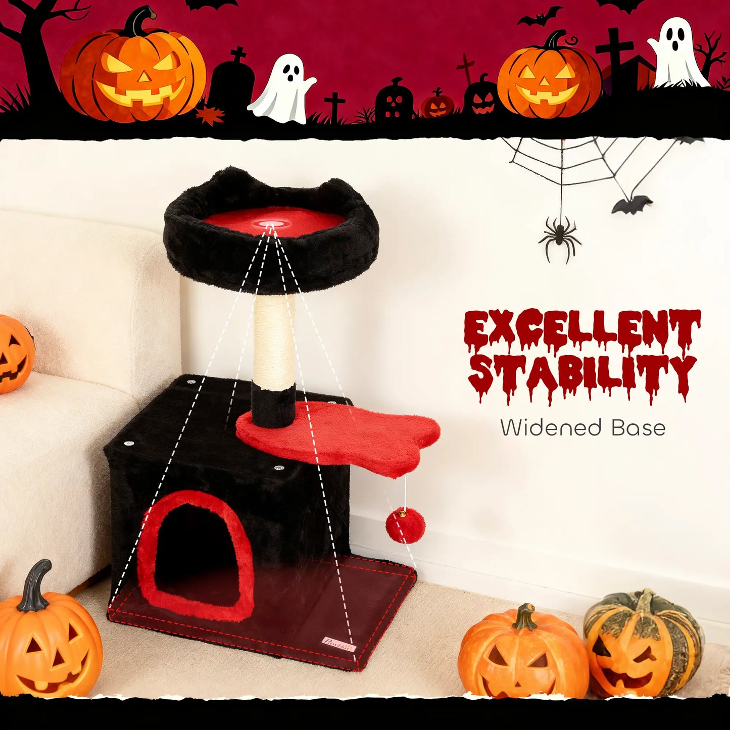 28" Gothic Cat Tree Tower, Plush Bed, Condo, Scratching Post, Red & Black Cat Posts at Gallery Canada