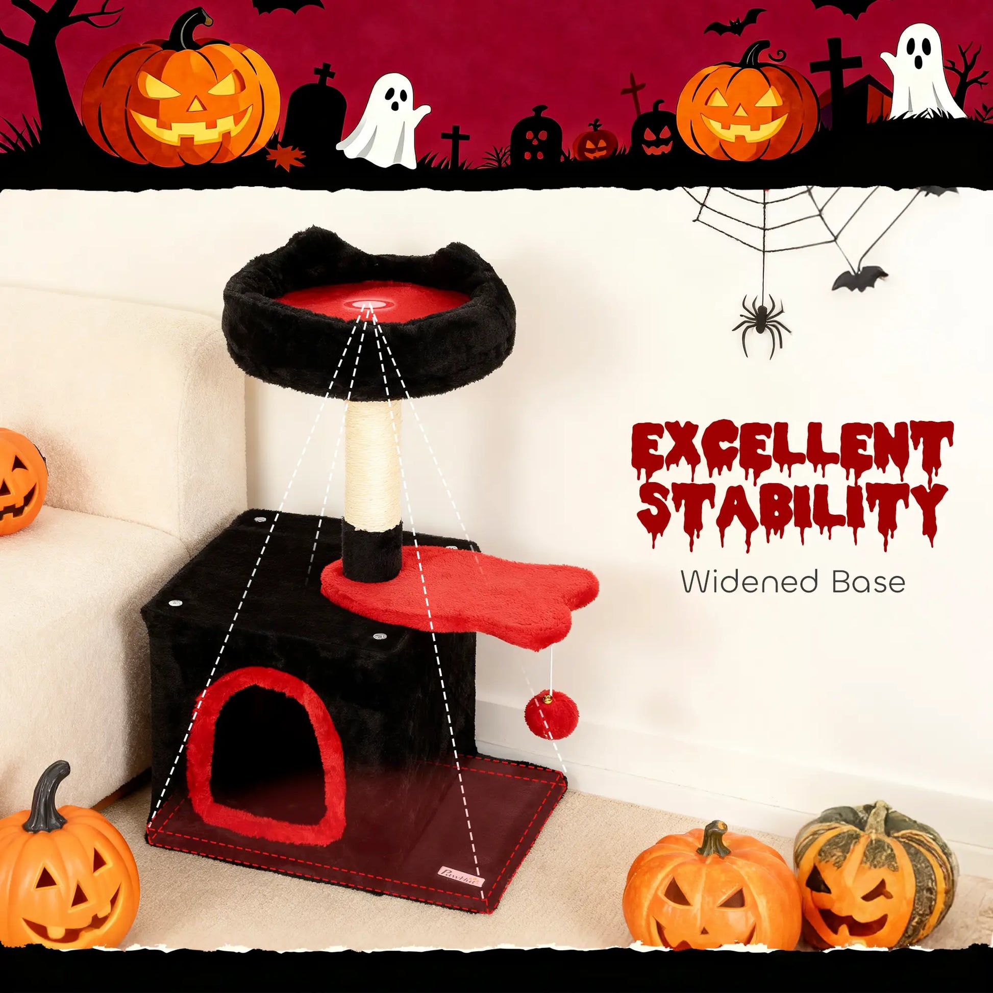 28" Gothic Cat Tree Tower, Plush Bed, Condo, Scratching Post, Red & Black Cat Posts at Gallery Canada