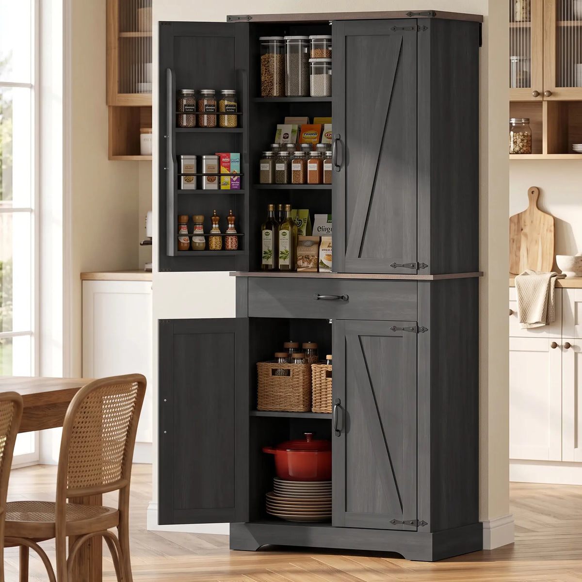 71" Tall Kitchen Cabinet, Farmhouse Pantry with Barn Doors, Drawer, Black