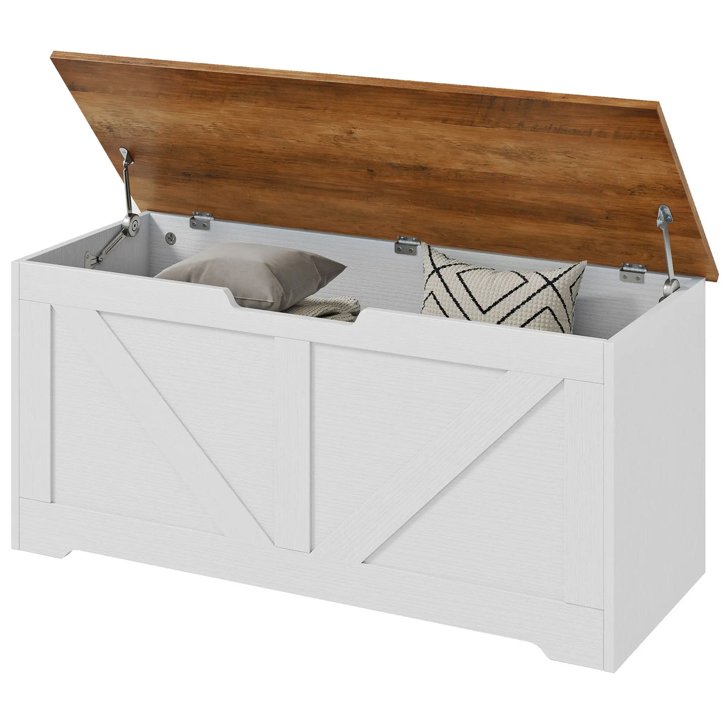 39.4 Inches Storage Chest, Brown White Wood Grain, Safety Hinges, Brown White