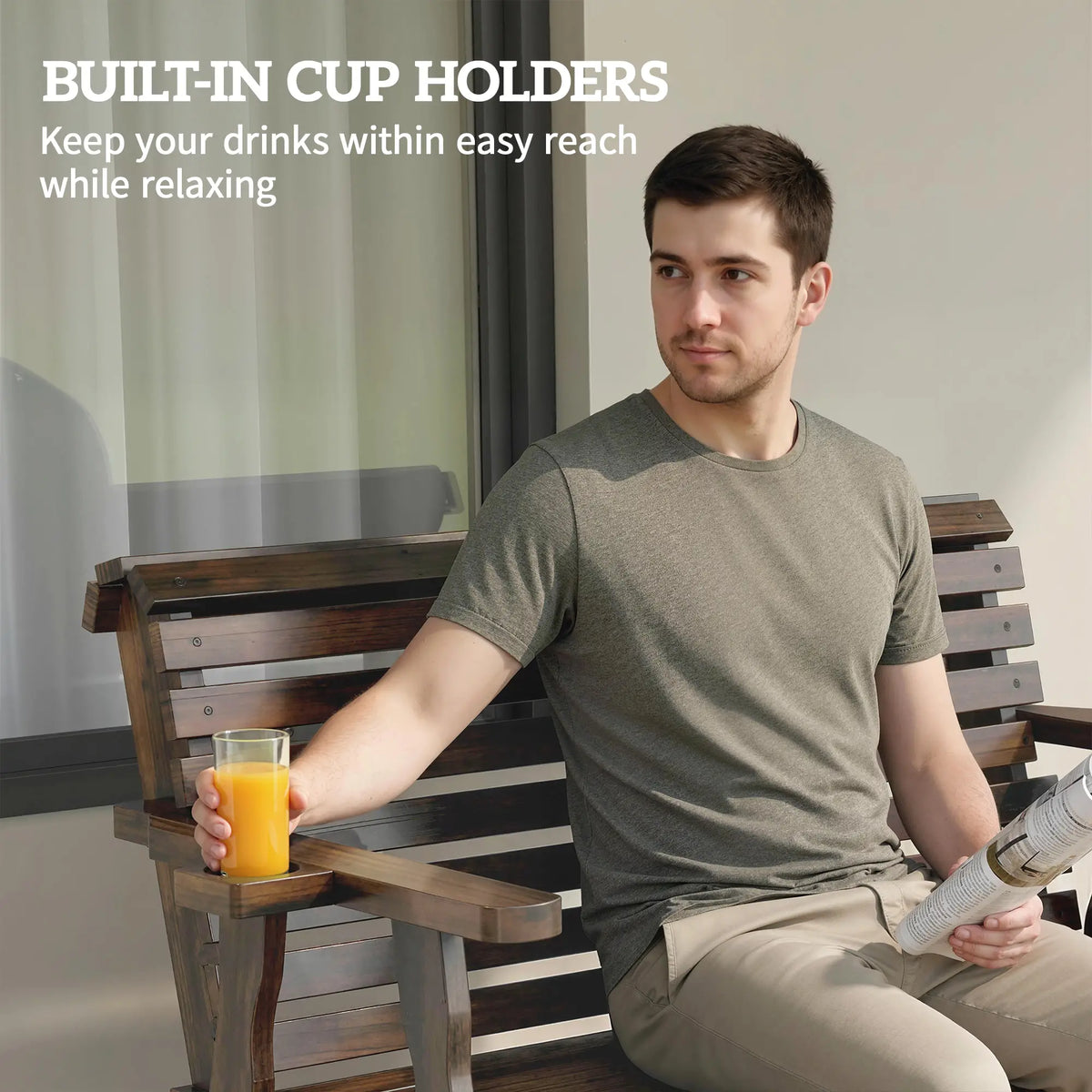 Outdoor Glider Bench, Wooden Glider Chair With 2 Cupholders Outdoor Gliders at Gallery Canada