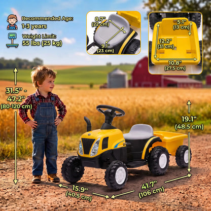 Tracteur pour enfants 6V véhicule électrique, remorque détachable, musique, jaune