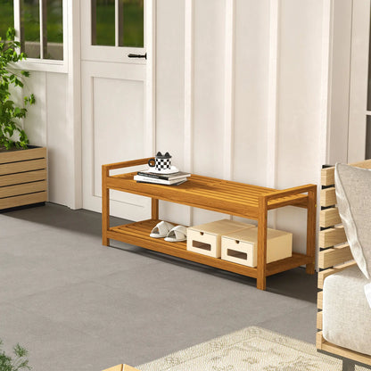 Garden Stool with Storage Shelf, Slatted Seat, Teak