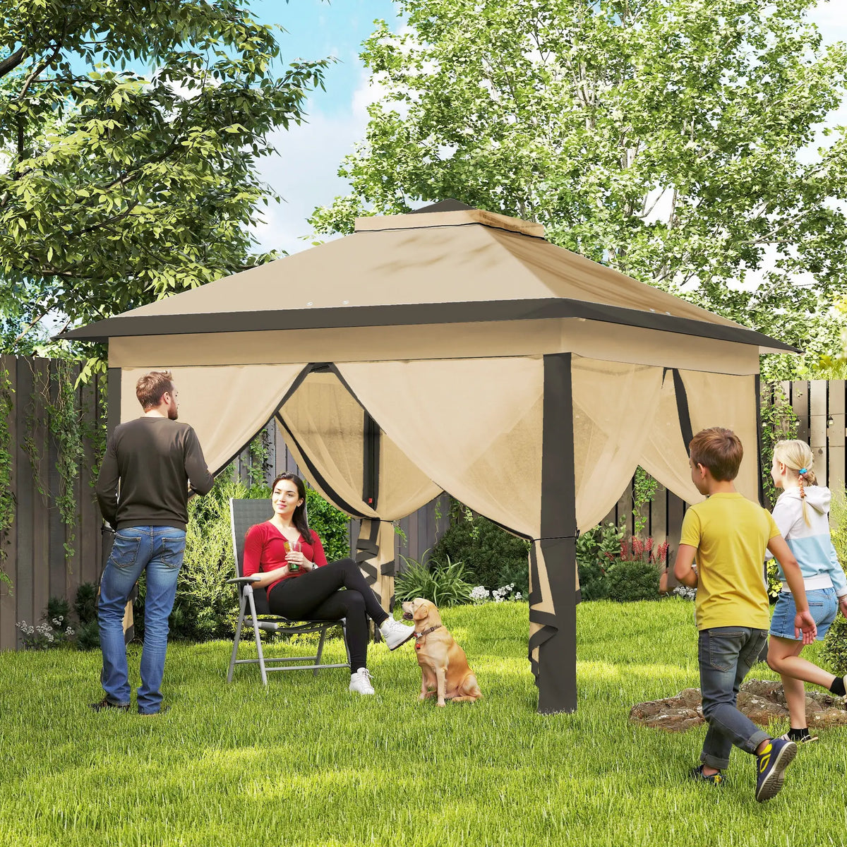 11' x 11' Pop Up Gazebo, Double Roof, Foldable, Adjustable, Beige Pop Up Canopies at Gallery Canada