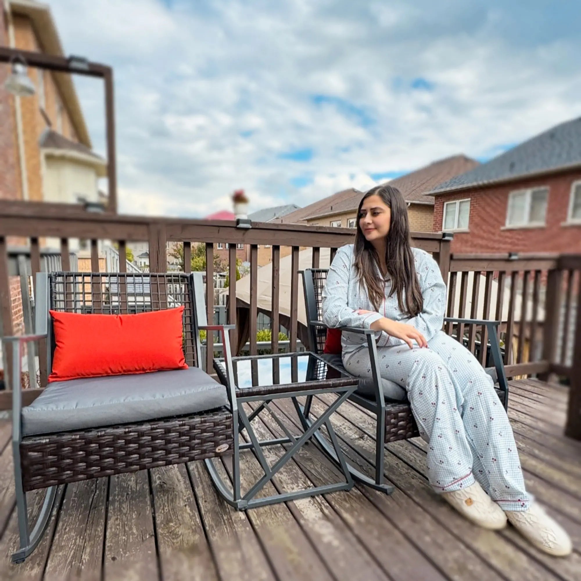 3 Pc Rocking Bistro Set, Wicker Patio Furniture with Cushions, Glass Table, Grey Outdoor Rocking Chairs at Gallery Canada