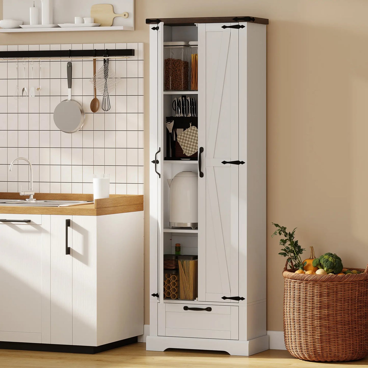 71" Pantry Cabinet, Adjustable Shelves, 2 Doors, Drawer, White