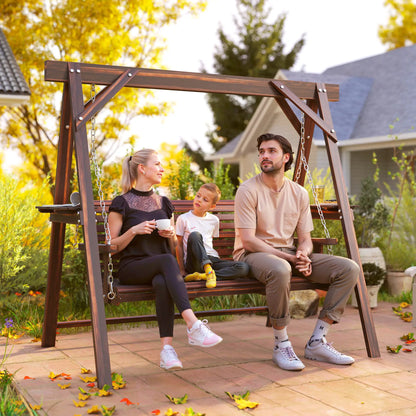 3 Seat Wooden Porch Swing With Stand, Carbonized Brown Patio Swings with Stand at Gallery Canada