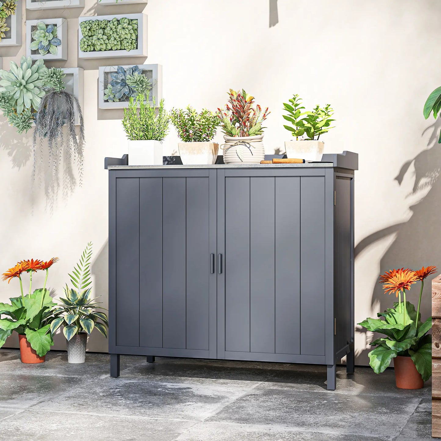 Outdoor Garden Storage Cabinet, Potting Bench with Galvanized Top, Grey Sheds at Gallery Canada