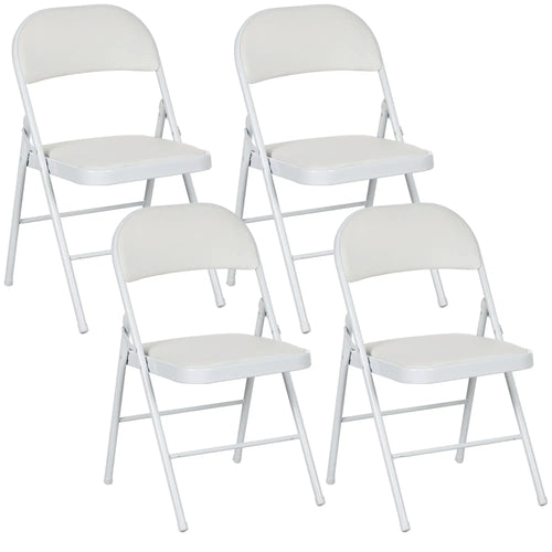 4 Metal Foldable Chairs, PU Leather Padded, White