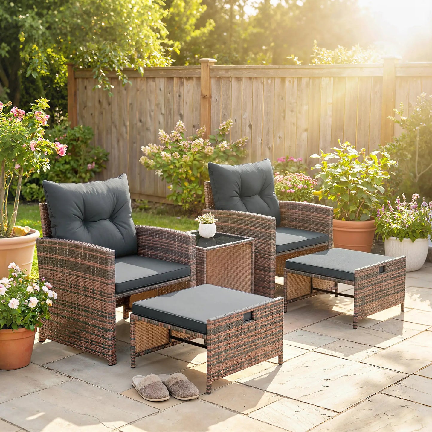 5 Piece Patio Furniture Set, Wicker Chairs, 2-Tier Glass Table, Brown/Dark Grey Patio Furniture Sets at Gallery Canada