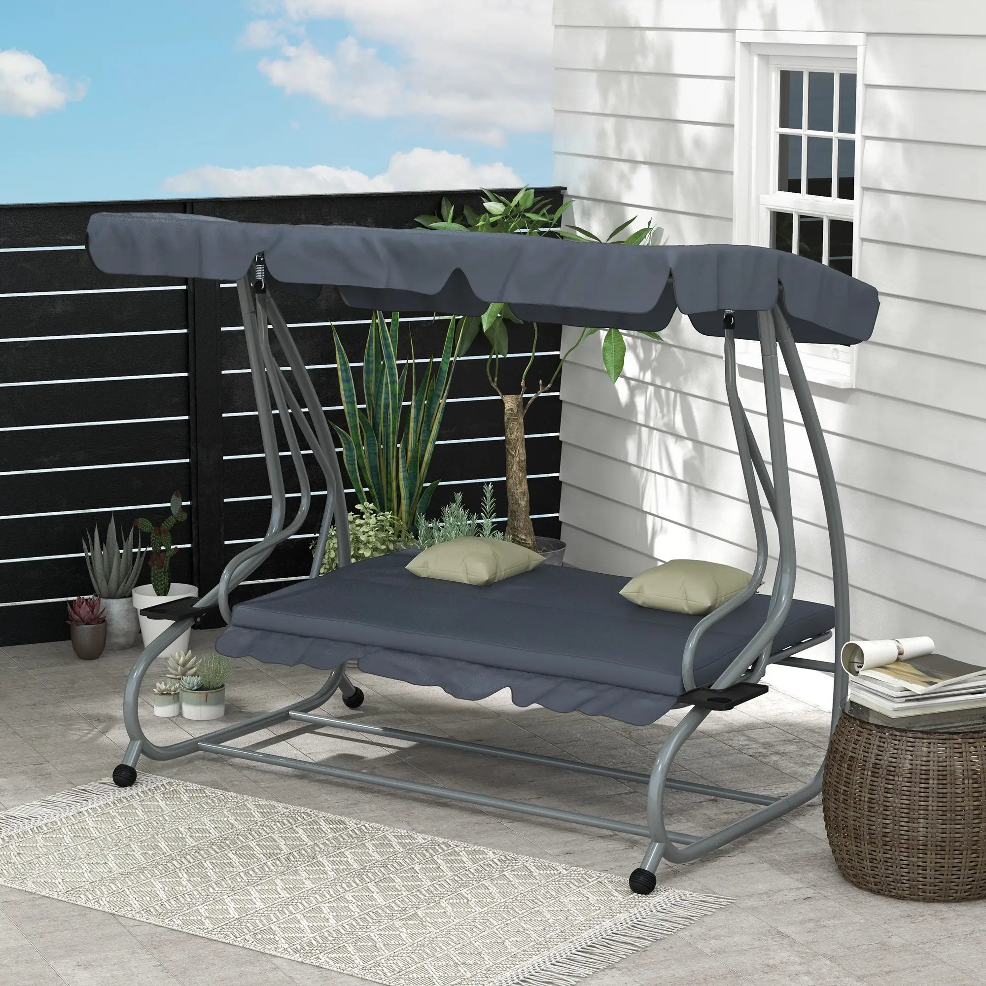 3-Seat Outdoor Swing Canopy Chair, Adjustable Shade, Cushions, Cup Holder, Dark Grey Patio Swings with Stand at Gallery Canada