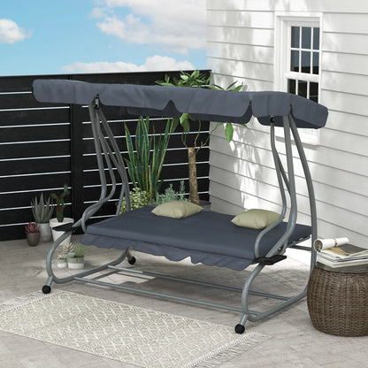 3-Seat Outdoor Swing Canopy Chair, Adjustable Shade, Cushions, Cup Holder, Dark Grey Patio Swings with Stand at Gallery Canada