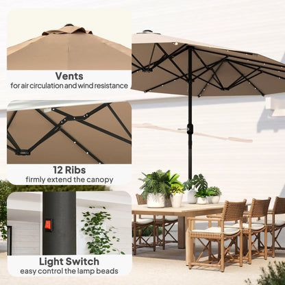 174" Double-Sided Sun Umbrella, Patio Sun Shade, Solar LED Light, Khaki Double-sided Umbrellas at Gallery Canada