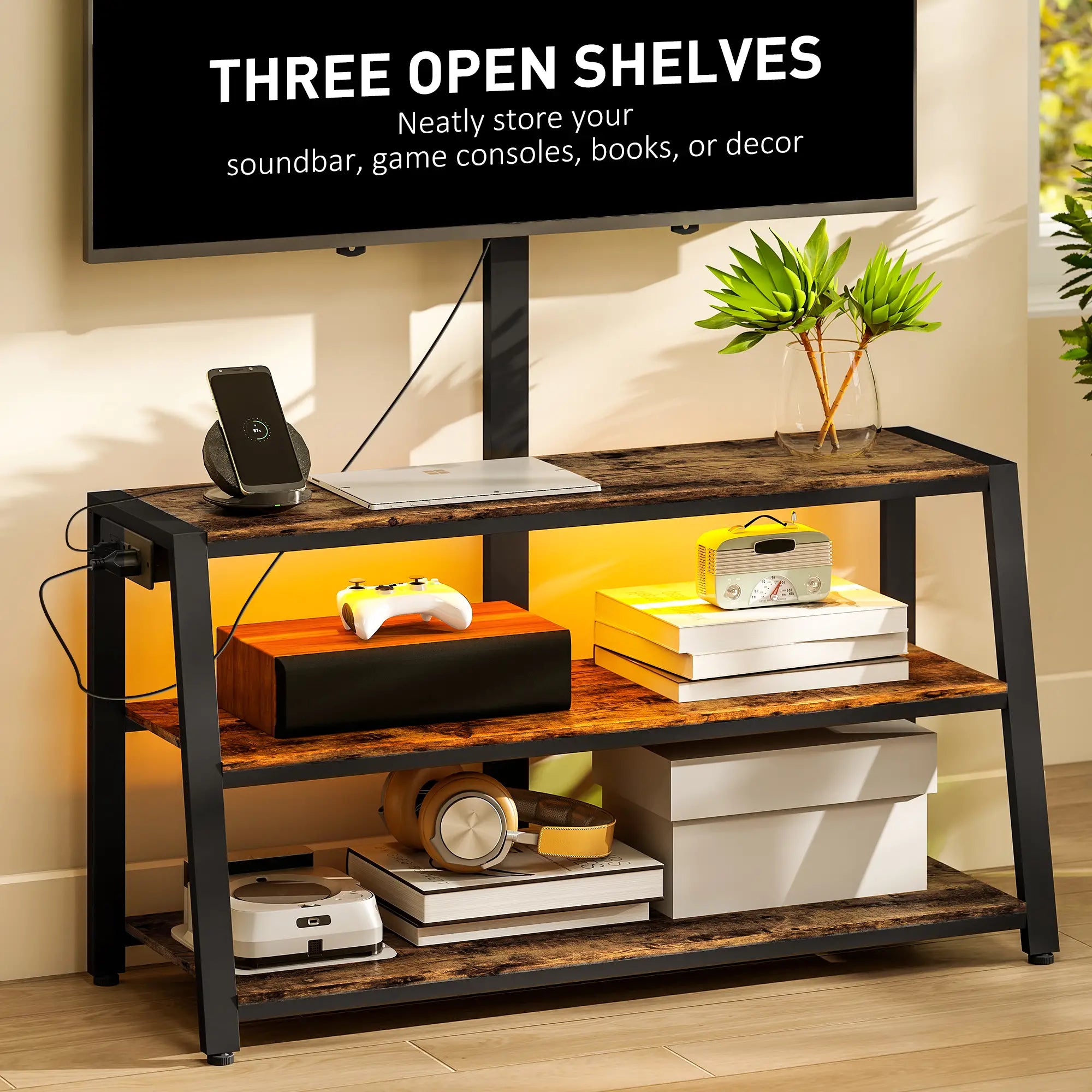 TV Stand with Mount, Power Outlet, LED Lights, for 32-70 Inch TVs TV Stands at Gallery Canada