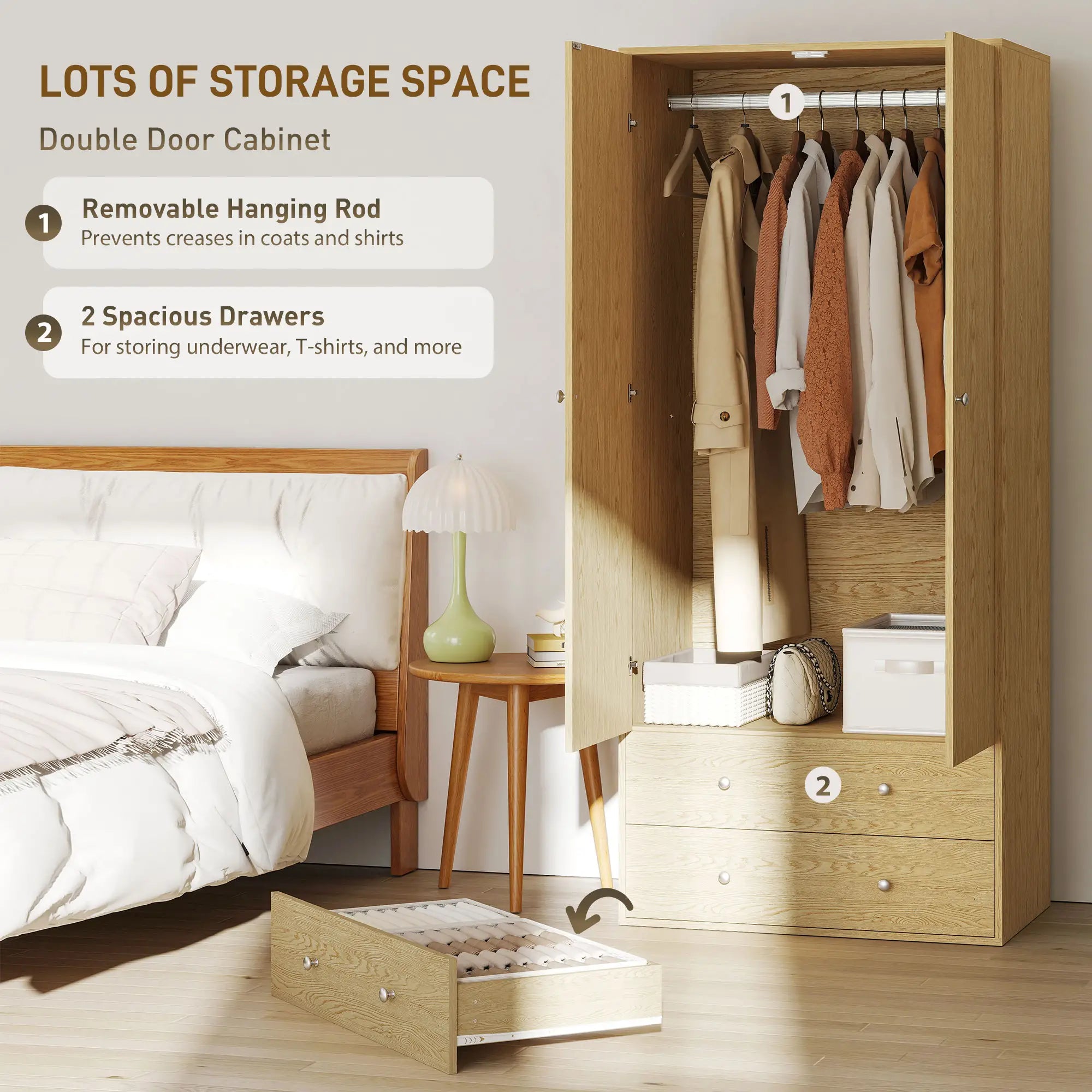 Modern Wardrobe Closet, 2 Drawers, Hanging Rod, Natural Wood Clothing Storage at Gallery Canada