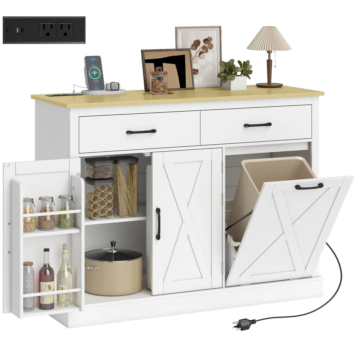 7 Gallon Tilt Out Garbage Cabinet, Kitchen Island With Charging Station, White