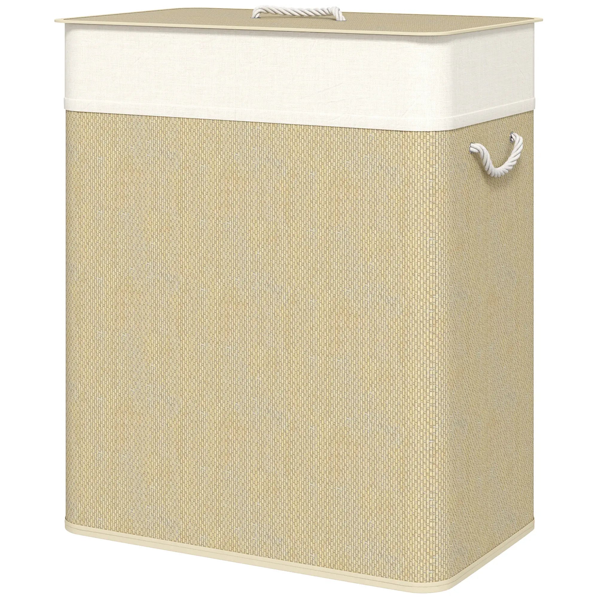 Double Laundry Basket with Lid, 100L Bamboo Hamper, Natural Clothing Storage Natural, Cream White at Gallery Canada