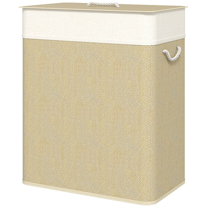 Double Laundry Basket with Lid, 100L Bamboo Hamper, Natural Clothing Storage Natural, Cream White at Gallery Canada