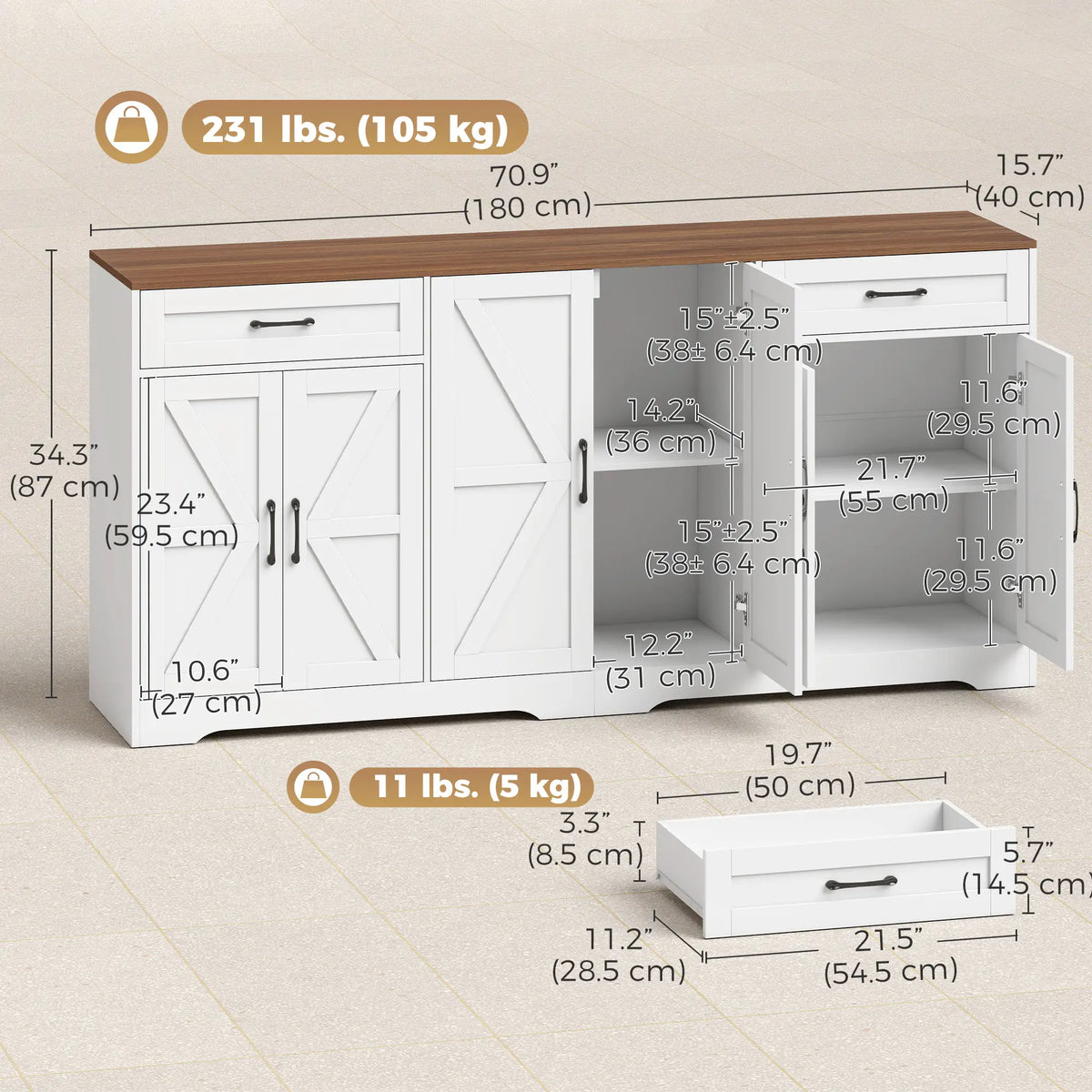 71" Sideboard Buffet Cabinet, Coffee Bar, 2 Drawers, 6 Barn Doors, White
