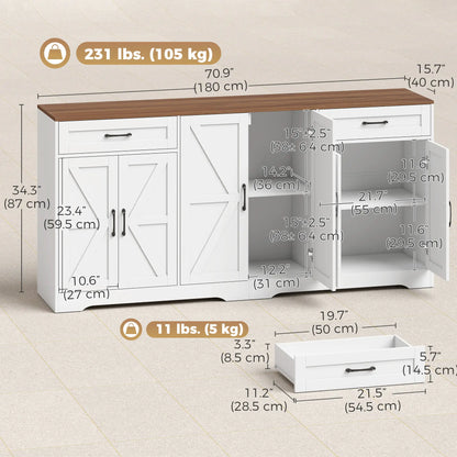 71" Sideboard Buffet Cabinet, Coffee Bar, 2 Drawers, 6 Barn Doors, White