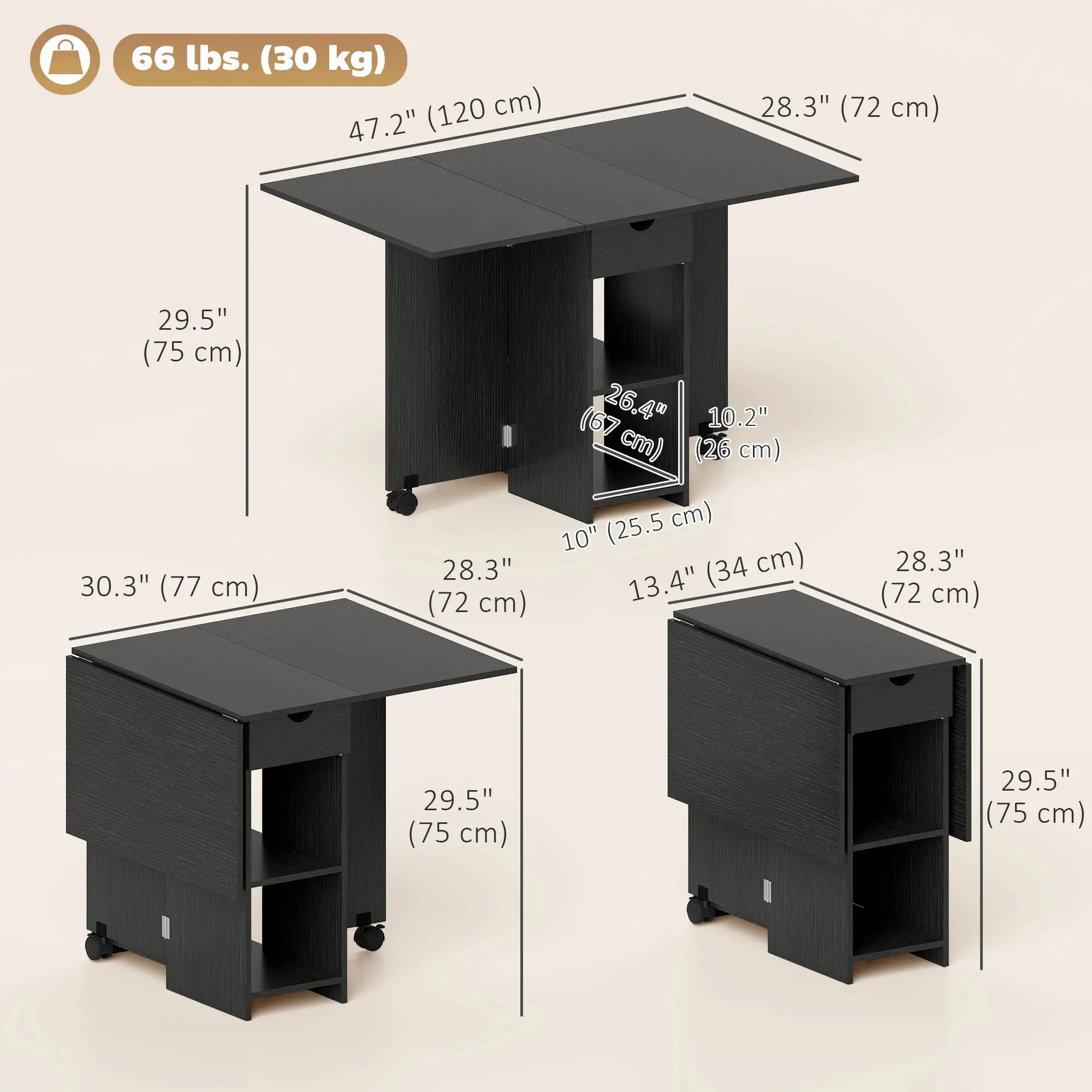 Folding Drop Leaf Kitchen Table with Drawer and Shelves, Black Dining Tables at Gallery Canada