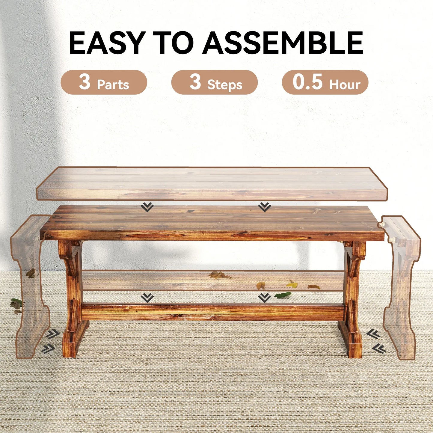 Rustic Wooden Bench, Backless Garden Patio Loveseat, Carbonized Outdoor Benches at Gallery Canada