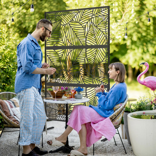 6.5FT Metal Privacy Screen, Large Leaf Style, Black Side Awnings Black at Gallery Canada