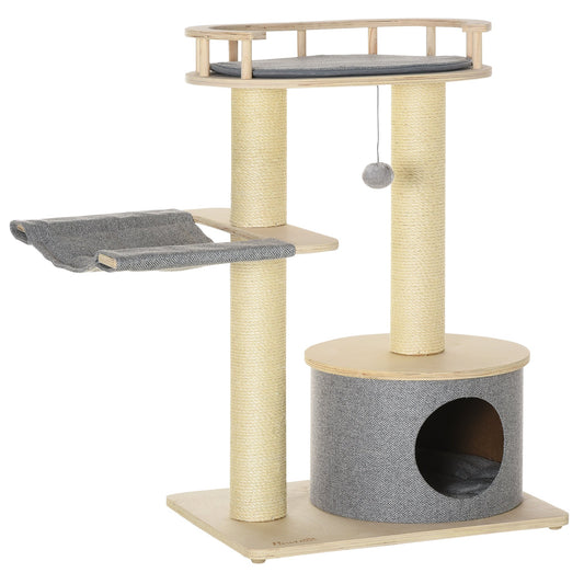 35" Cat Tree, Kitty Activity Centre, Wooden Cat Climbing Toy, Cat Tower with Cat Bed Hammock Condo Washable Cushion Hanging Ball Toy Sisal Scratching Post, Natural - Gallery Canada