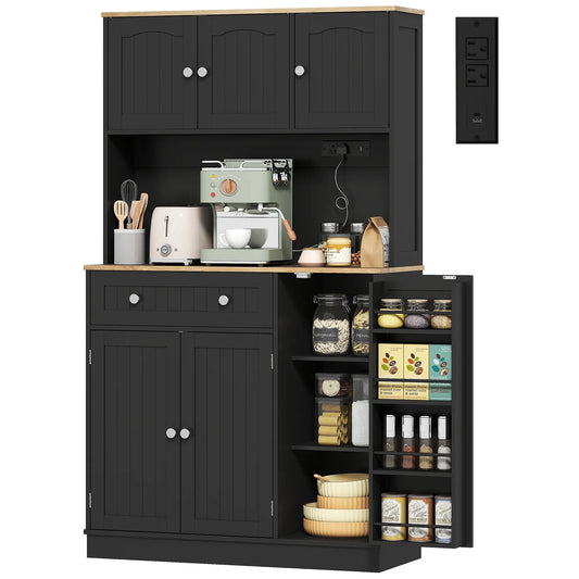 68" Pantry Cabinet with Charging Station, Microwave Stand, 4 Door Racks, Black Kitchen Pantry Cabinets Black, Oak at Gallery Canada