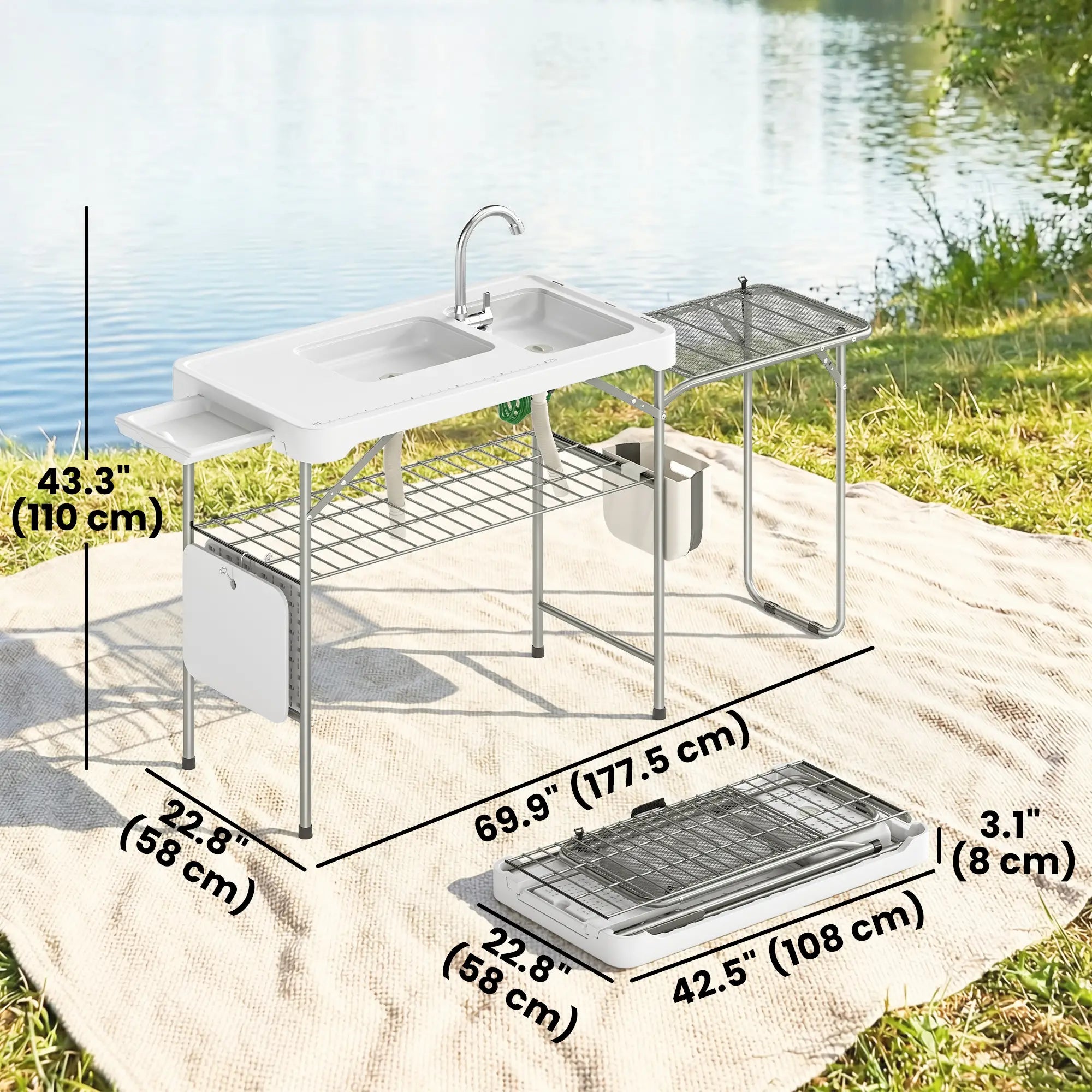 Folding Portable Camping Sink, Side Shelf, Bottom Rack, White Picnic Tables & Camping Chairs at Gallery Canada
