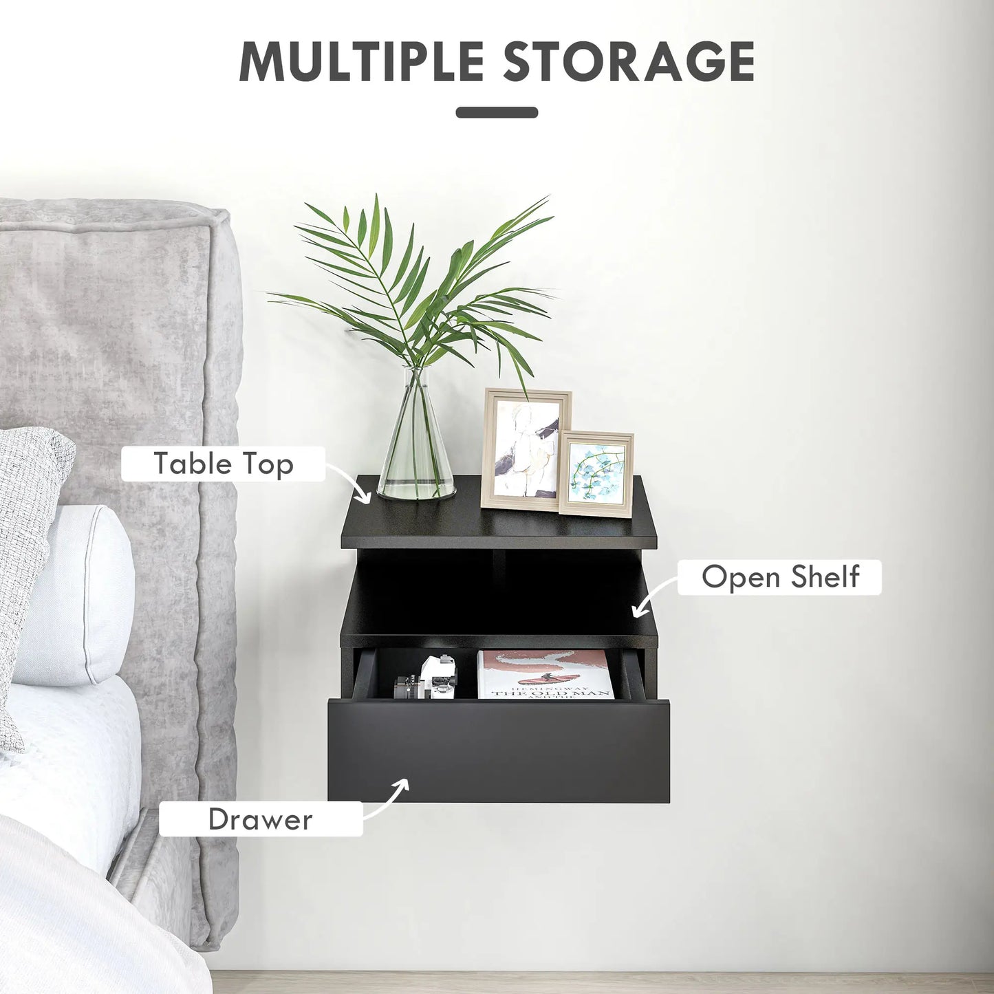 Floating Nightstand Set of 2, Wall Mounted with Drawer and Shelf, Black Bedside Tables at Gallery Canada