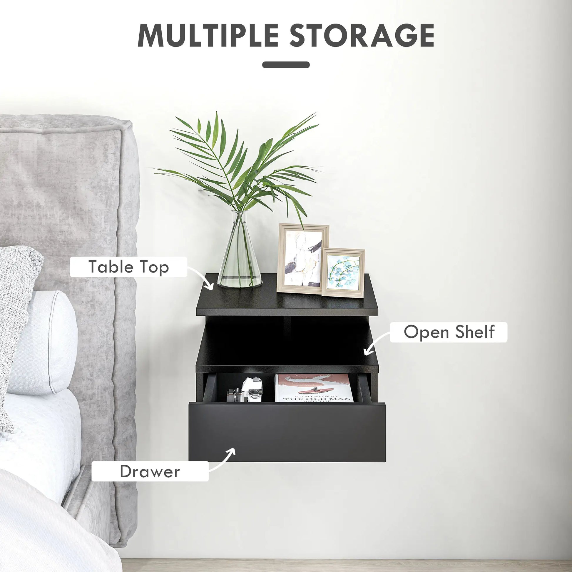 Floating Nightstand Set of 2, Wall Mounted with Drawer and Shelf, Black Bedside Tables at Gallery Canada