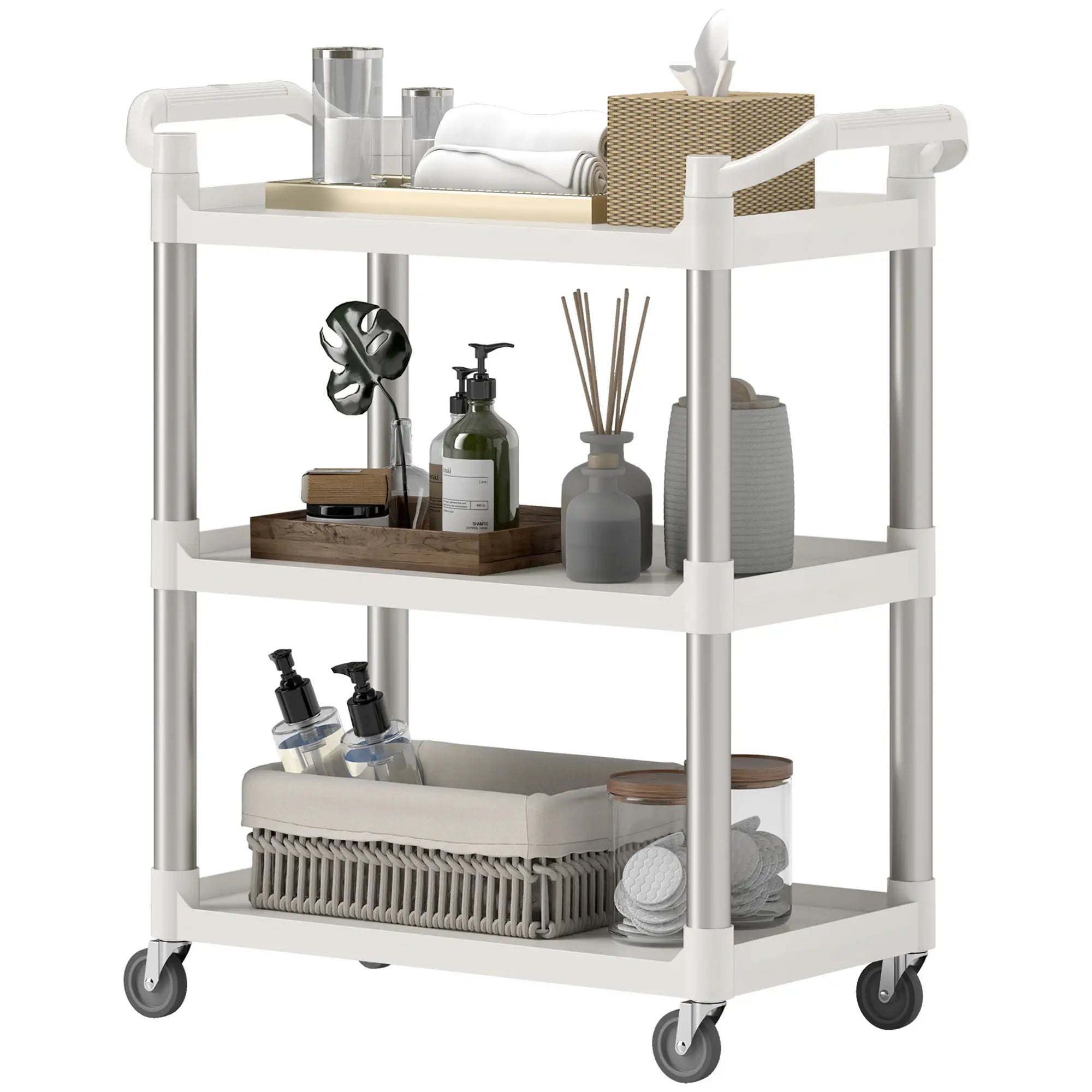 3-Tier Utility Cart, Rolling Storage Trolley, 3 Shelves, Silver White Kitchen Islands & Kitchen Carts Silver, White at Gallery Canada