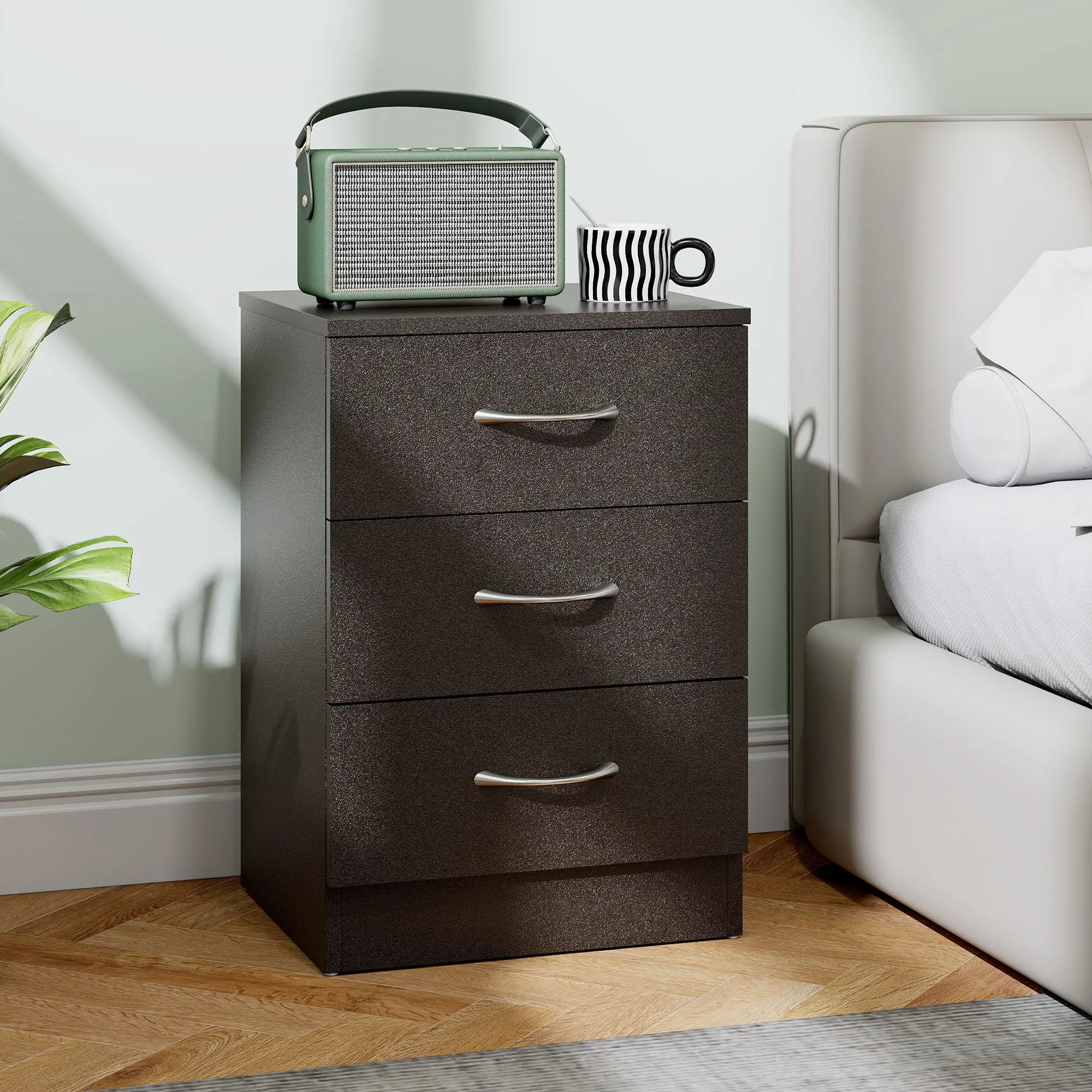 Bedside Table, 3 Drawers, Metal Rail, Dark Brown Bedside Tables at Gallery Canada