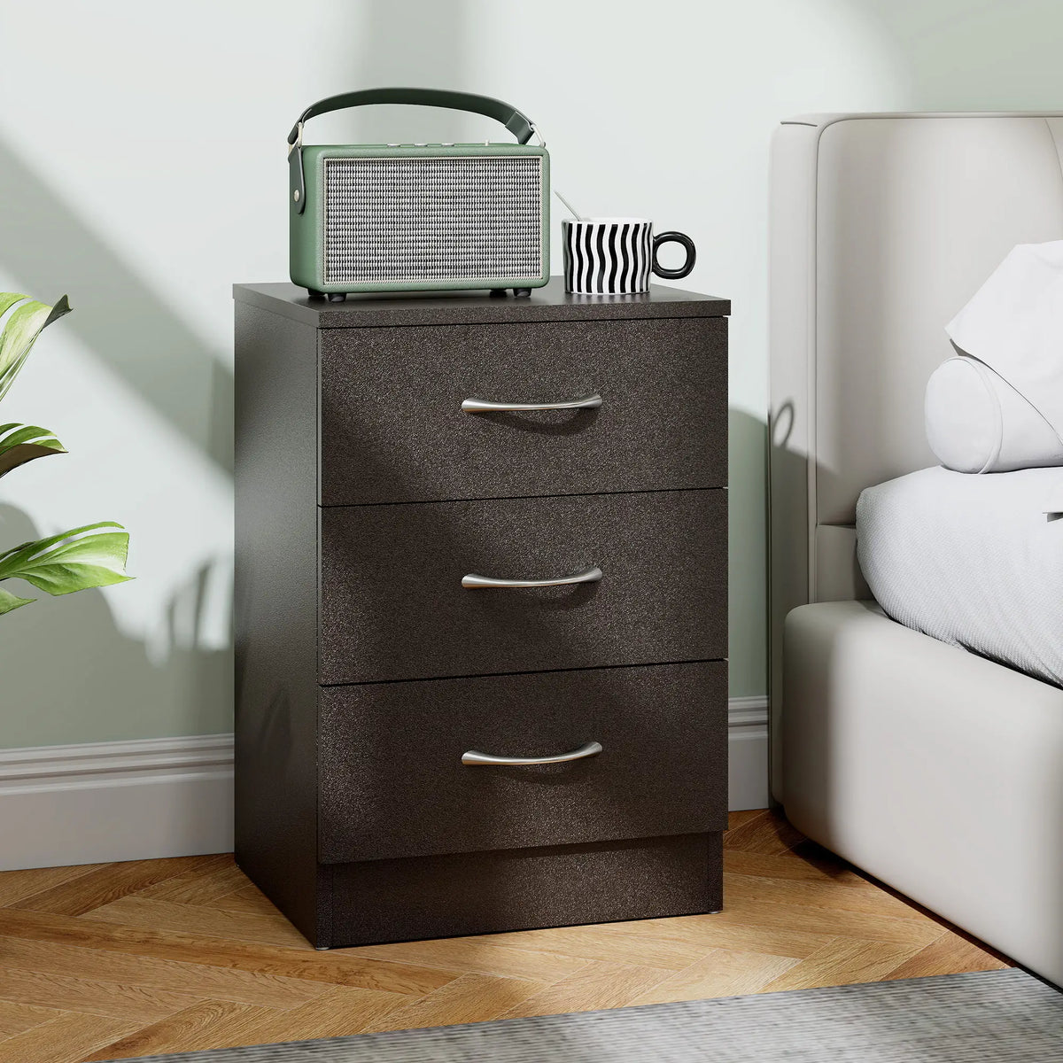 Bedside Table, 3 Drawers, Metal Rail, Dark Brown Bedside Tables at Gallery Canada