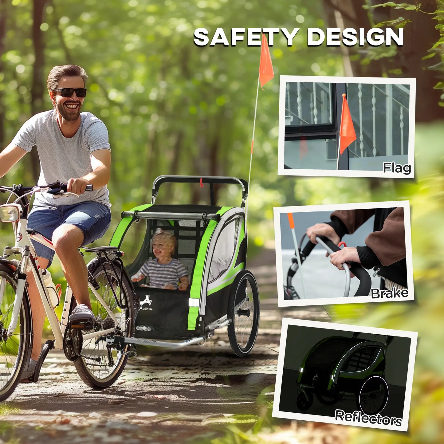 3-in-1 Bike Trailer, Running Stroller, 2 Seats, 5-Point Harness, Storage, Green Kids Bike Trailers at Gallery Canada