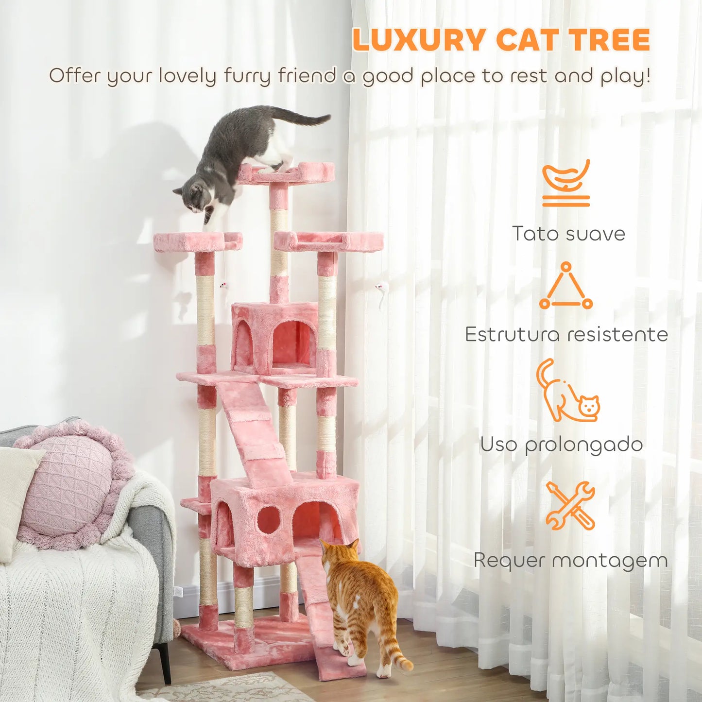 68-Inch Multi-Level Cat Scratching Tree, Kitty Activity Center, Pink Multi-Level Cat Towers at Gallery Canada