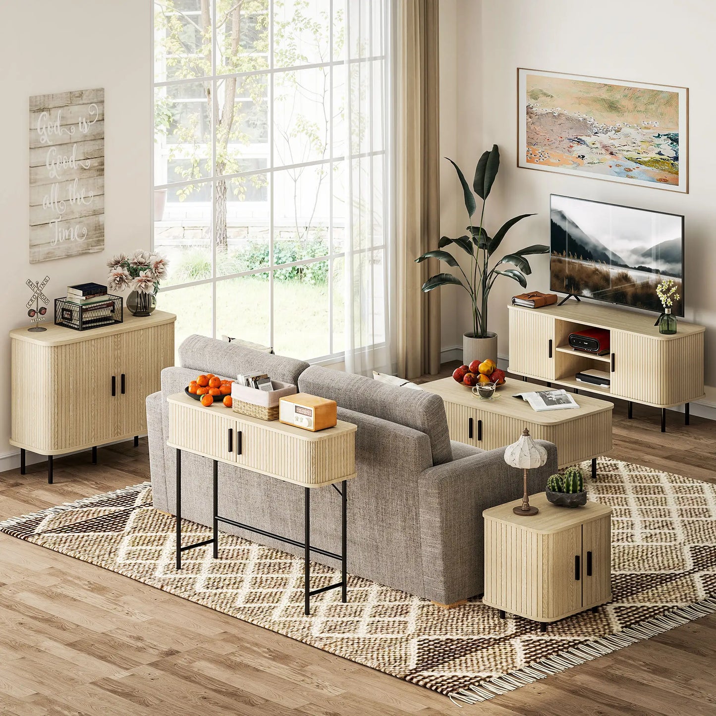 35.4" Sideboard Buffet Cabinet, Nordic Coffee Bar, Slatted Tambour Doors, Oak Storage Cabinets at Gallery Canada