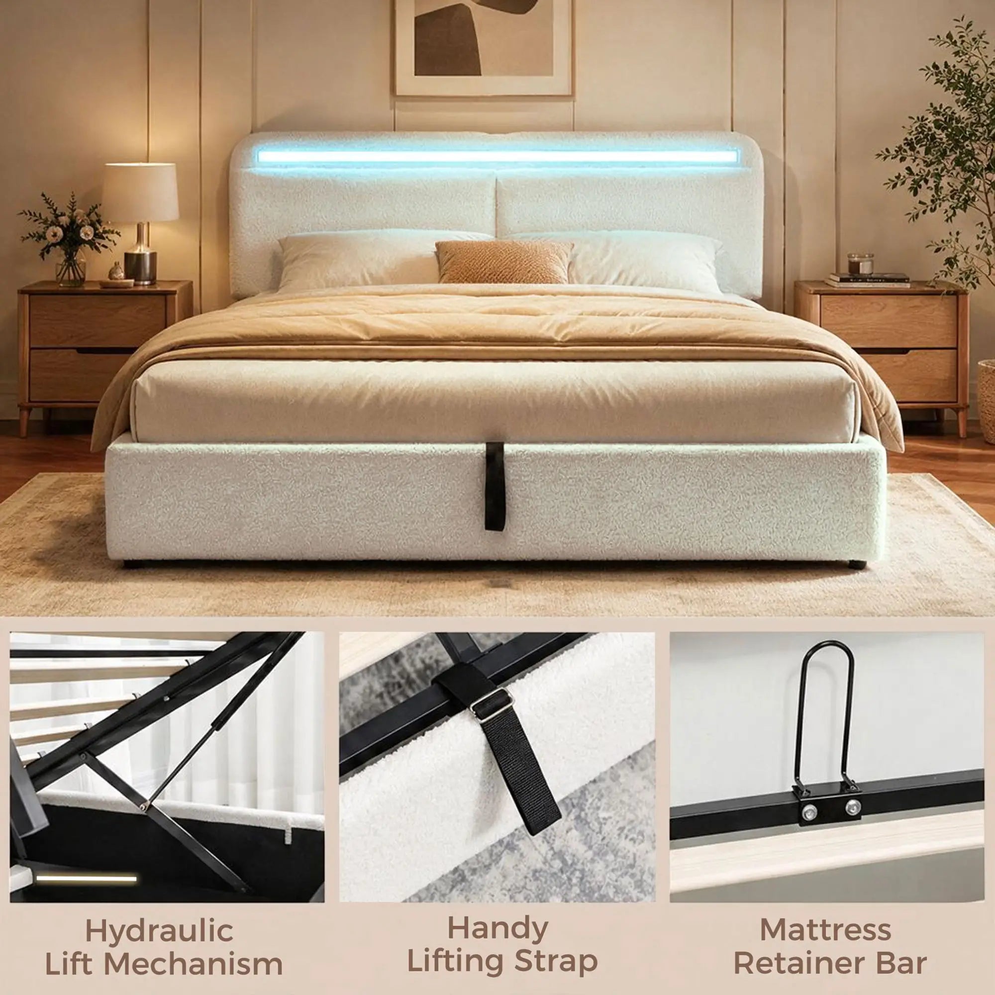 Queen Bed Frame with Charging Station, LED Lights, Adjustable Headboard, White Bed Frames at Gallery Canada