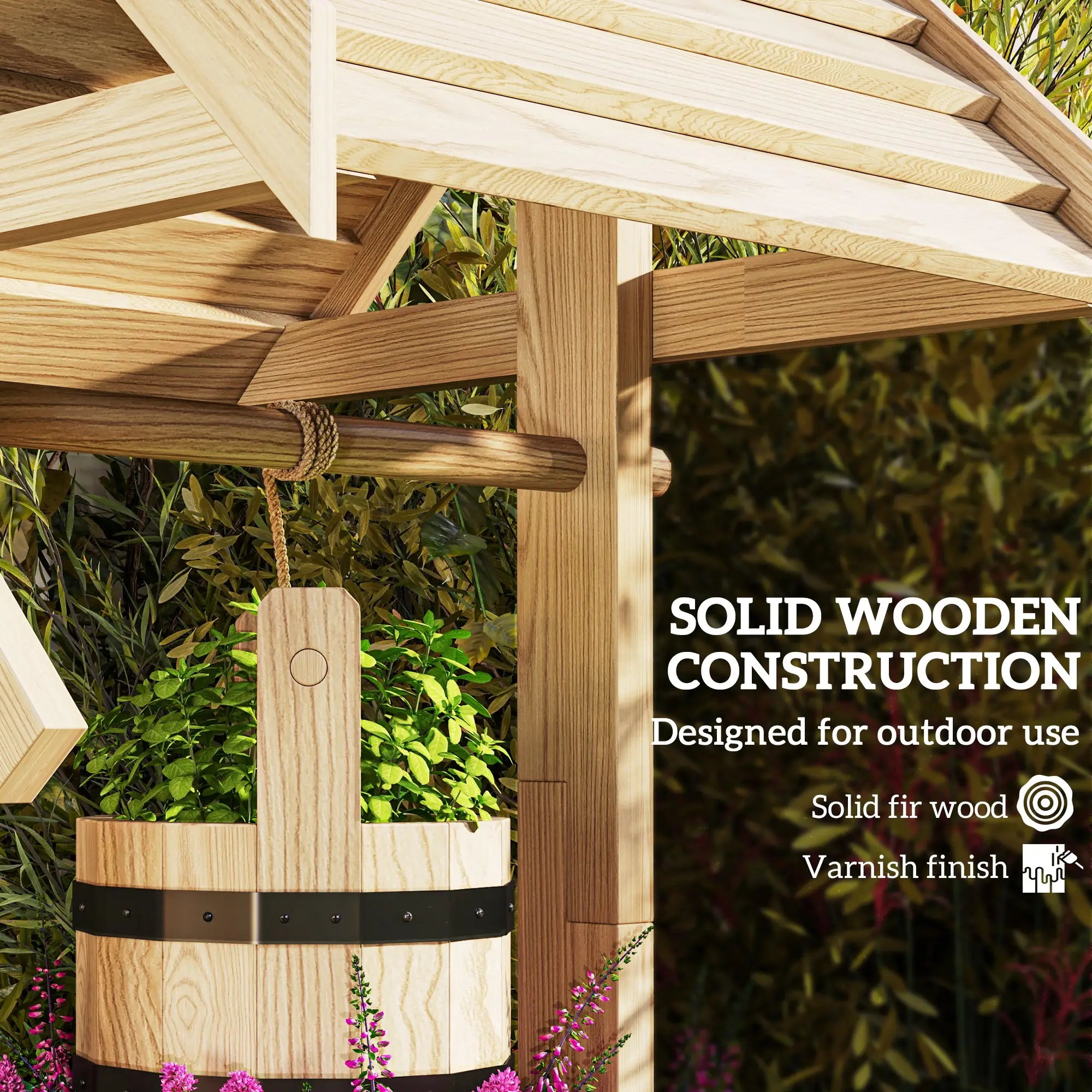 Wood Wishing Well Planter With Hanging Bucket, Natural Water Fountains at Gallery Canada